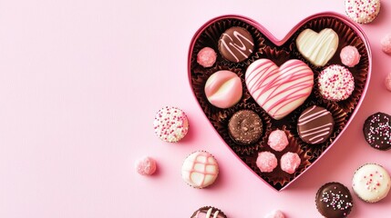 Heart-shaped Candy Box with Assorted Chocolates on Pink Background
