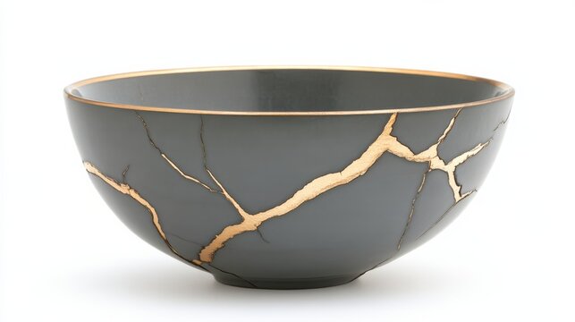 Ceramic bowl with kintsugi repair and gold veins on white background. Japanese art and wabi-sabi concept