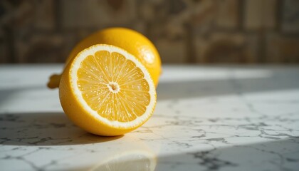 Juicy Lemon Halved with Whole Lemon on Marble Surface in Sunlight