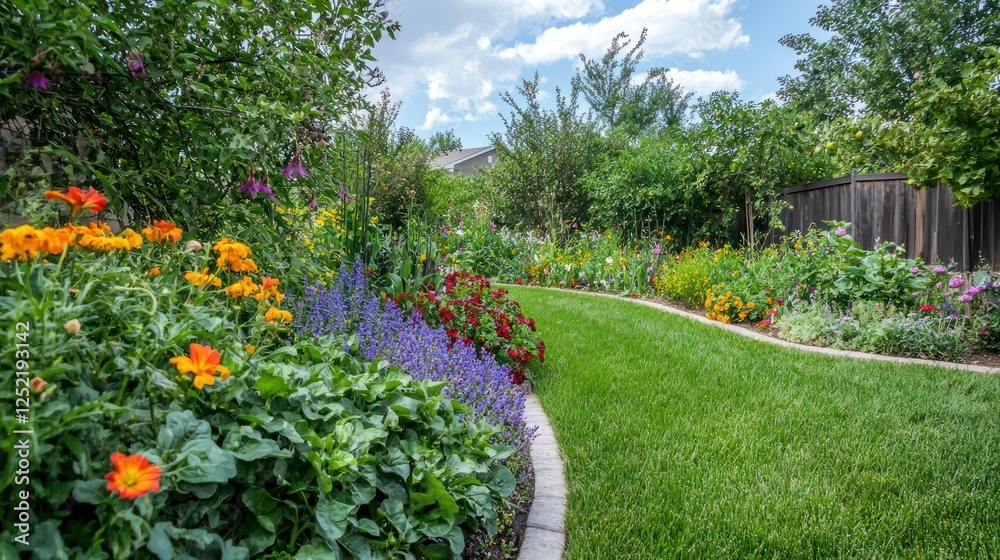 Poster A mixed garden featuring rows of vegetables bordered by blooming flowers in a backyard setting. 