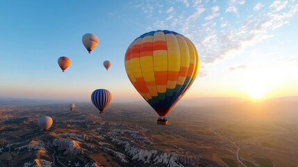 Obraz premium Breathtaking hot air balloons soaring over scenic valleys at sunset