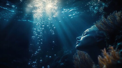 Obraz premium Underwater Scene Ethereal Lighting Deep Blue Surreal Style Bubbles Coral High Contrast Cinematic Composition