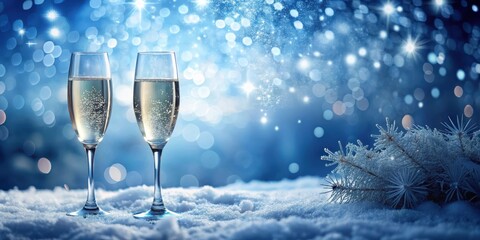 Frosty blue winter landscape with sparkling champagne bubbles and a blurred background for a sophisticated and elegant feel, refined, frosty