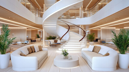 Fototapeta premium modern cruise ship interior featuring grand spiral staircase and elegant seating areas