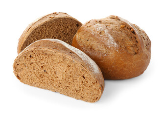 Whole and halves of bread isolated on white