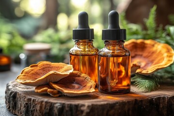 Reishi extract in modern laboratory dropper bottles