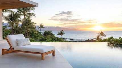 serene beach sunset with poolside lounge chair overlooking ocean