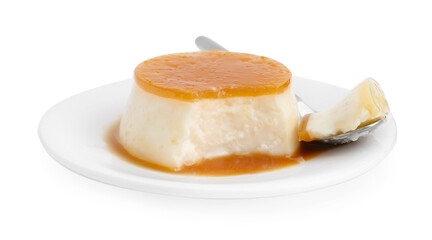 Tasty pudding with caramel sauce and spoon isolated on white