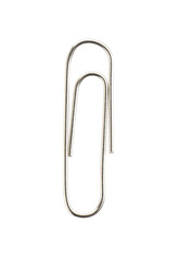 One metal paper clip isolated on white, top view