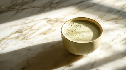 A minimalistic image of a cup of frothy matcha tea with a delicate layer of foam, placed on a marble countertop with subtle sunlight streaming through.