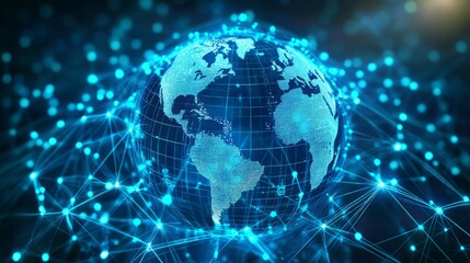 A digital globe illuminated by blue connections, symbolizing global networking.