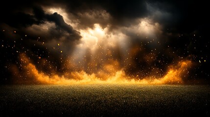 Naklejka premium Fiery Embers and Smoke Rise Above a Dark Green Field Under a Stormy Sky