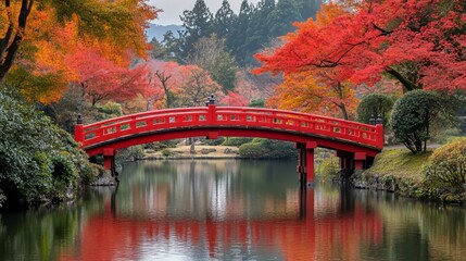 A serene red bridge arching over a tranquil pond surrounded by vibrant autumn foliage.