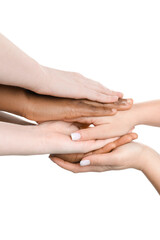 Stop racism. People of different skin colors holding hands on white background, closeup