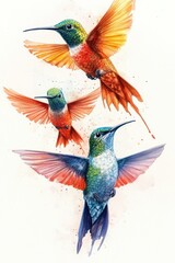 Obraz premium Vibrant Hummingbird Watercolor Painting of Colorful Birds in Flight with Intricate Feather Details Isolated on White Background