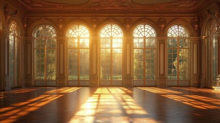opulent ballroom with ornate architecture and large arched windows in baroque style