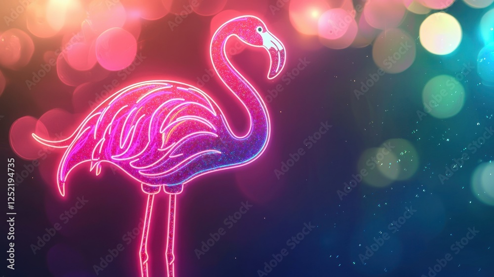 Poster a neon flamingo party sign featuring a colorful design with glitter and glowing effects