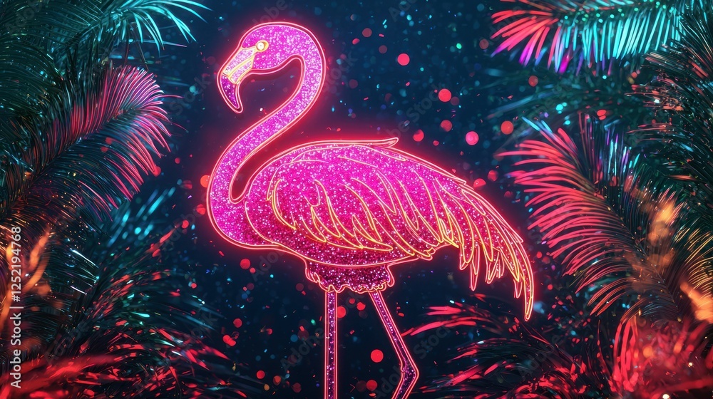 Poster A neon flamingo party sign featuring a colorful design with glitter and glowing effects 