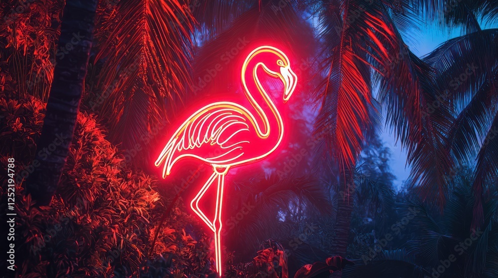 Poster a neon flamingo sign with a palm tree backdrop, creating a beachy, tropical vibe.