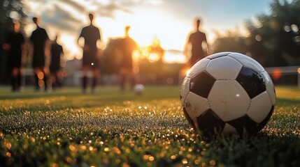 Soccer Field at Sunset with Players Training and Practicing with Black and White Balls