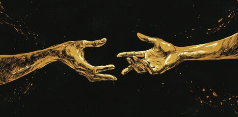 Golden hands reaching out against a dark speckled background
