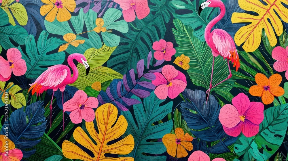 Poster a pattern-like background featuring pink flamingos and tropical leaves with bright, cheerful colors.