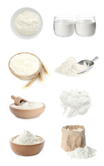 Flour isolated on white, set. Bowls, jars, paper bag and scoops