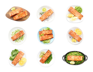 Tasty grilled salmon isolated on white, set