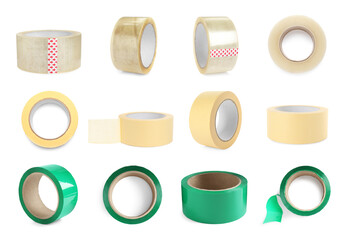 Rolls of different adhesive tapes isolated on white, set