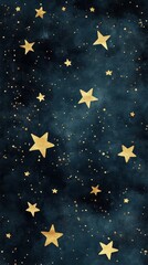 Fototapeta premium Golden stars twinkle against a dark night watercolor backdrop