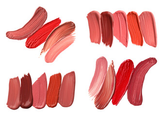 Lipsticks in different colors, set. Samples on white background, top view
