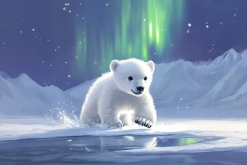 Adorable polar bear cub walks through ice and snow