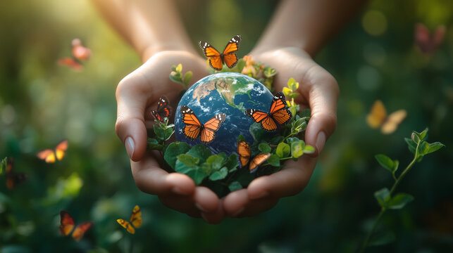 Earth Day poster with image of planet Earth held gently in human hands, surrounded by green leaves and butterflies, symbolizing environmental protection and sustainability - Powered by Adobe