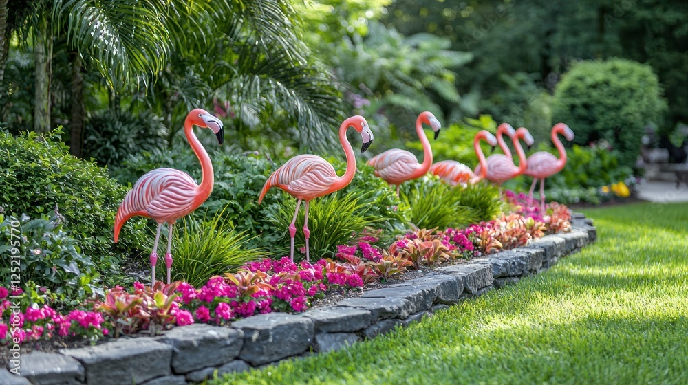 Aufkleber A perfectly aligned group of lawn flamingos placed around a flowerbed, adding charm to the landscape. 