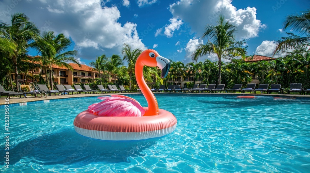 Poster a pink flamingo float in the center of a beach resort pool, surrounded by lounge chairs.