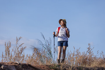 A young woman stands atop a hill, holding a trekking pole and smiling as she enjoys the scenic...