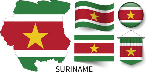 The different designs of Suriname's national flags and the map showing Suriname's borders