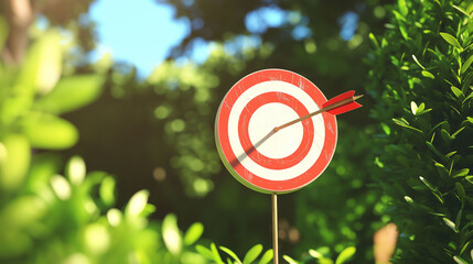 Small target with red arrow in the center, placed in the middle of green bushes