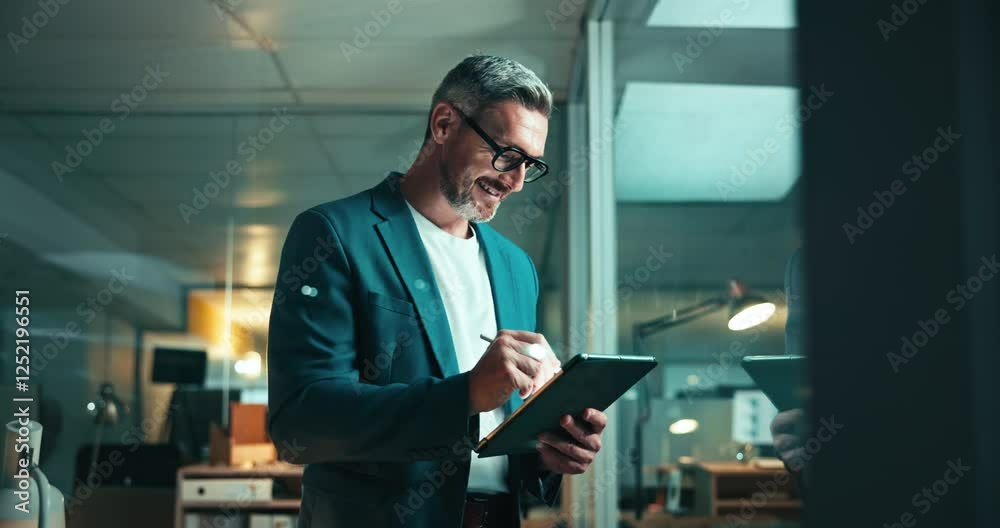 Poster browsing, stylus and man with tablet, office and trader with info for stock market, night and online