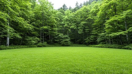 Naklejka premium Lush green forest clearing, peaceful natural scene, ideal for backgrounds, nature, or travel