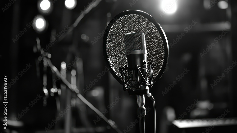 Poster A professional podcast microphone with a pop filter in a modern recording studio. 