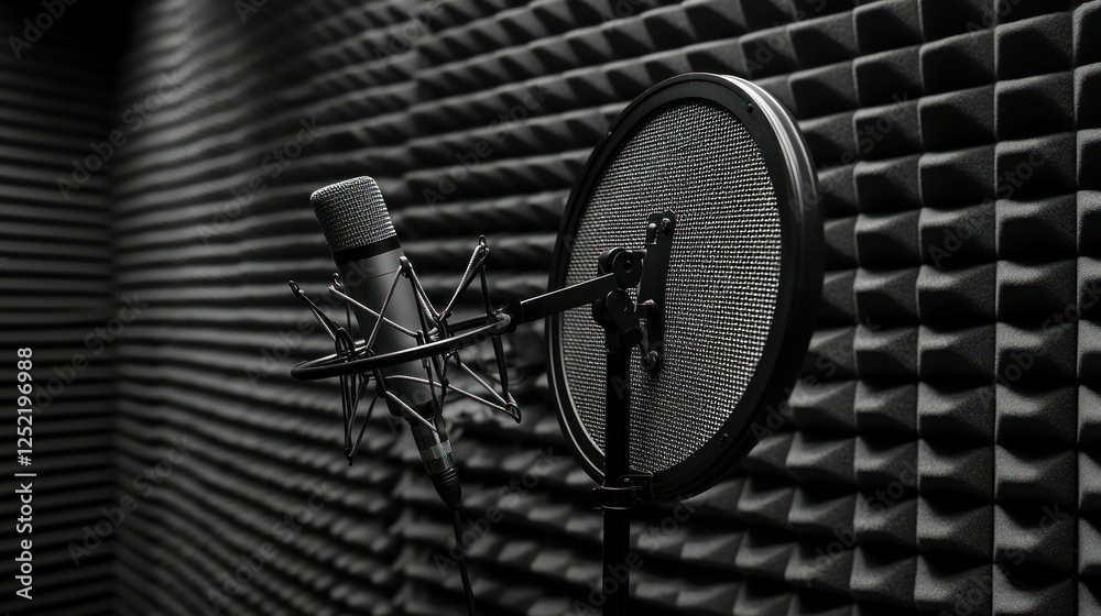 Aufkleber a professional podcast microphone with a pop filter in a modern recording studio.
