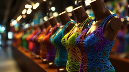 Colorful crochet tops displayed on mannequins in a vibrant boutique with artistic background