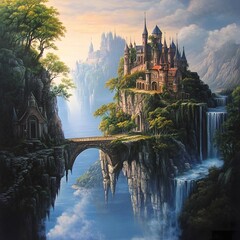 Fototapeta premium Majestic Fantasy Castle on Cliff with Waterfalls – Enchanted Kingdom Art