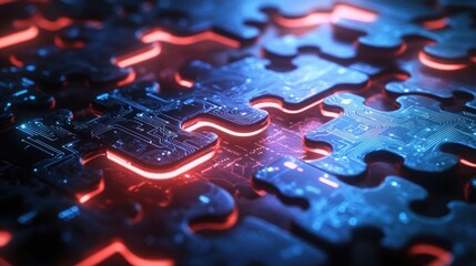 Neon Puzzle Piece Glowing with Circuit Patterns in Cyberpunk Art Style Symbolizing Technology and Integration