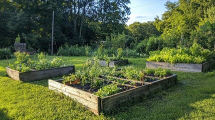 A raised bed garden built with reclaimed wood, featuring a variety of thriving vegetables. 