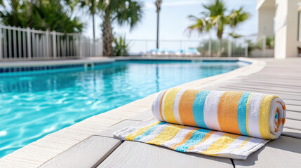 Obraz premium Colorful beach towel by sparkling pool, perfect for relaxation