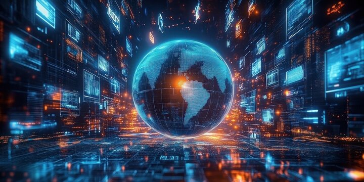 Futuristic Digital Landscape with Glowing Globe and Holographic Screens in Cyberpunk Style