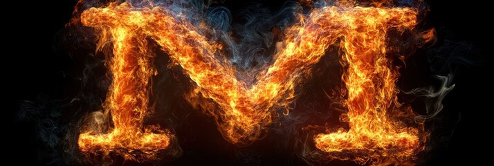 Fiery Letter M in Flames Surrealism Typography Dynamic Composition Smoke