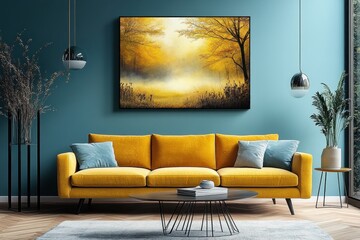 Bright yellow sofa and armchair in modern Scandinavian living room with teal wall and autumn landscape art